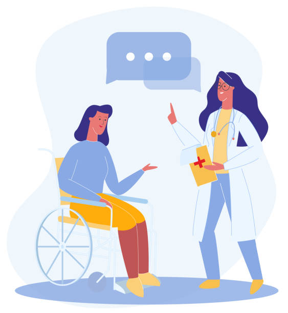 ilustrações de stock, clip art, desenhos animados e ícones de doctor give recommendation woman in wheelchair - dependency assistance help advice