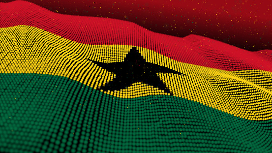3D illustration Abstract Glowing Particle Wavy surface with Ghana flag texture 8K