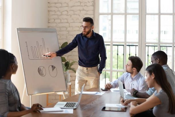 istock Diverse business people listen speaker coach giving flip chart presentation 1176842720