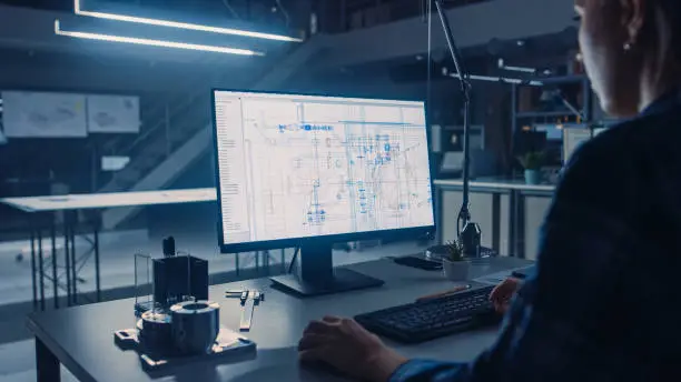 Photo of Engineer Working on Desktop Computer, Screen Showing CAD Software with Technological Blueprints. Industrial Design Engineering Facility. Over the Shoulder Shot