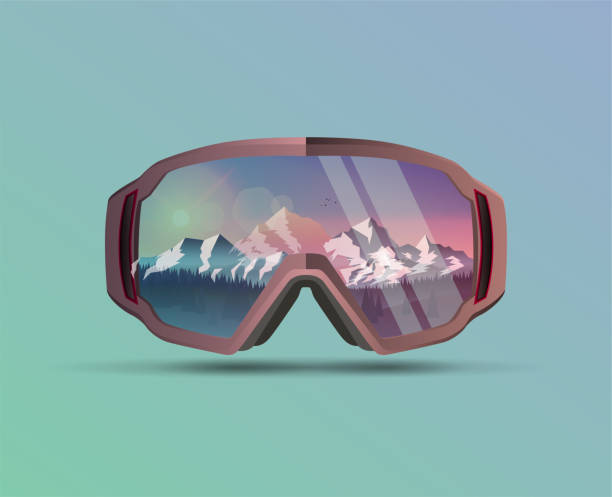 ilustrações de stock, clip art, desenhos animados e ícones de snowboard protective mask with mountains landscape on reflection. mountain sky glasses. snowboarding goggles. extreme sport vector background. - snow glasses