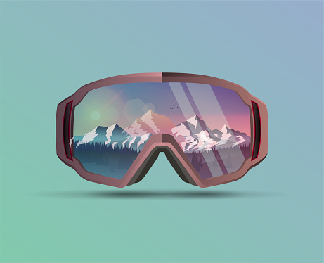 Snowboard protective mask with mountains landscape on reflection. Mountain sky glasses. Snowboarding Goggles. Extreme sport vector eps 10 illustration background.