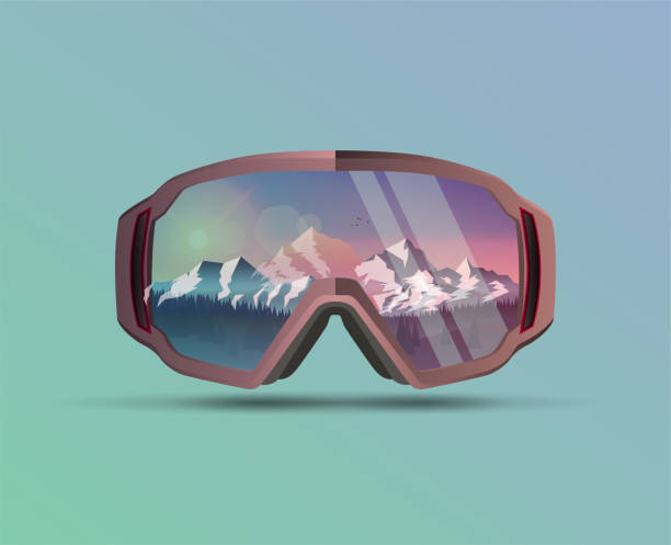 Snowboard protective mask with mountains landscape on reflection. Mountain sky glasses. Snowboarding Goggles. Extreme sport vector background. vector art illustration