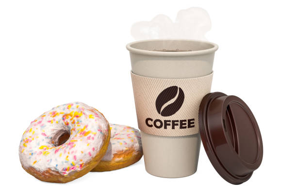 istock Cup of coffee with donuts, 3D rendering isolated on white background 1176845976