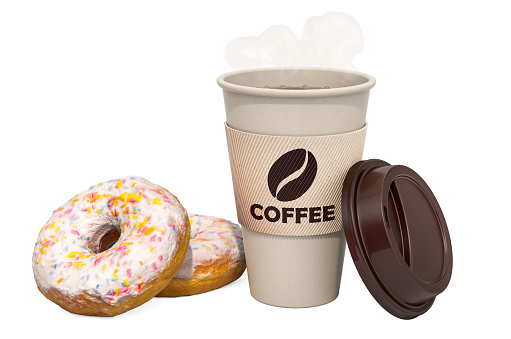 Cup of coffee with donuts, 3D rendering isolated on white background