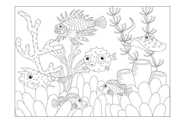 ilustraciones, imágenes clip art, dibujos animados e iconos de stock de pescado venenoso: peces de caja, pez león, rayas, pez globo, lubina. colorear imágenes para niños. vector - sales growth