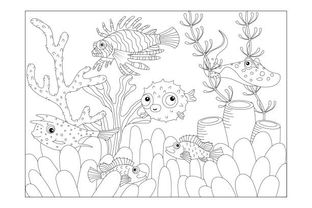 ilustrações, clipart, desenhos animados e ícones de peixes venenosos: boxfish, peixe-leão, stingray, blowfish, robalo. coloração de imagem infantil. vetor - sheet