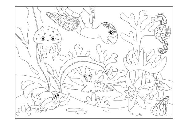 ilustrações, clipart, desenhos animados e ícones de recife coral com habitantes: tartaruga, seahorse, medusa, caranguejo, escudo, slug. coloração de imagem infantil. vetor - sheet