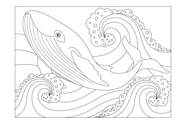 ilustrações, clipart, desenhos animados e ícones de baleia entre as ondas do oceano. coloração de imagem infantil. vetor - sheet