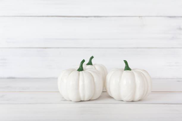 istock White pumpkin on white wood table with copy space. 1176851541