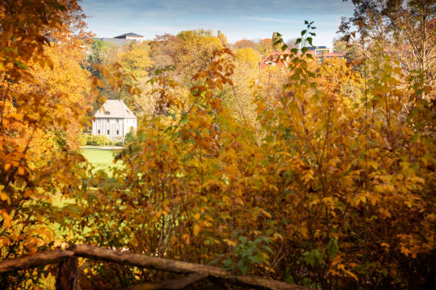 Weimar, Germany - November 11, 2016: Goethe's garden house in autumn, he lived in this building until 1782, and also helped landscape the park. Goethe was one of the key figures of German literature.