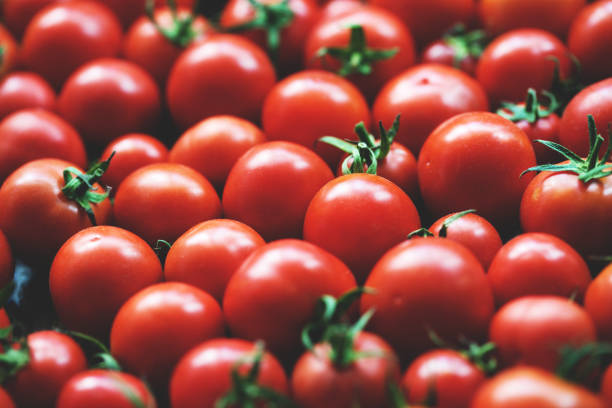 Cherry tomatoes on wooden table background stock photo