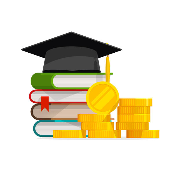 stockillustraties, clipart, cartoons en iconen met afstuderen kosten of dure onderwijs of studiebeurs lening vector, platte cartoon geld stapel boeken en glb of hoed, idee van collegegeld budget of hogeschool, universitaire leer kosten, winst of winst - flat cap