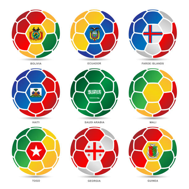 ilustraciones, imágenes clip art, dibujos animados e iconos de stock de banderas del mundo en pelotas de fútbol sobre fondo blanco - georgia football