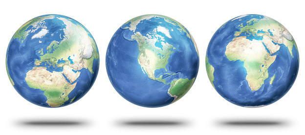 Collection of planet Earth isolated on white.\n\n- maps used courtesy of ShadedRelief: http://www.shadedrelief.com/world/index.html; \n- license: http://www.shadedrelief.com/world/use.html;\n- software used: Adobe Photoshop CC 2017