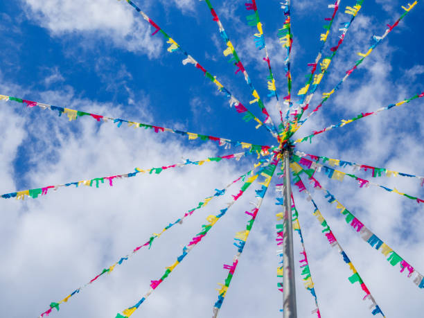 istock Colorful Hanging Flags fasten in line with blue sky background 1176864856