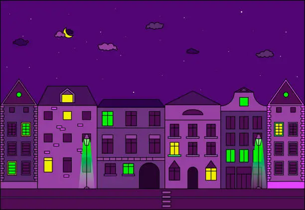 Vector illustration of City at night vector illustration. Old street in european city.