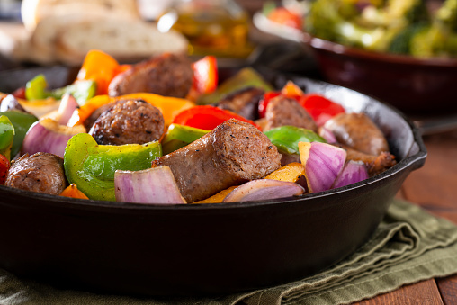 Italian Sausage with Peppers and Onion in Cast Iron Skillet