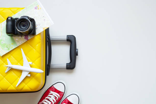 istock yellow travel suitcase with photo camera 1176885706
