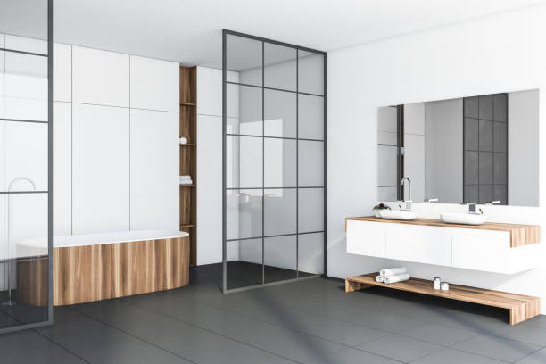 istock White tile bathroom corner with tub and sink 1176894959