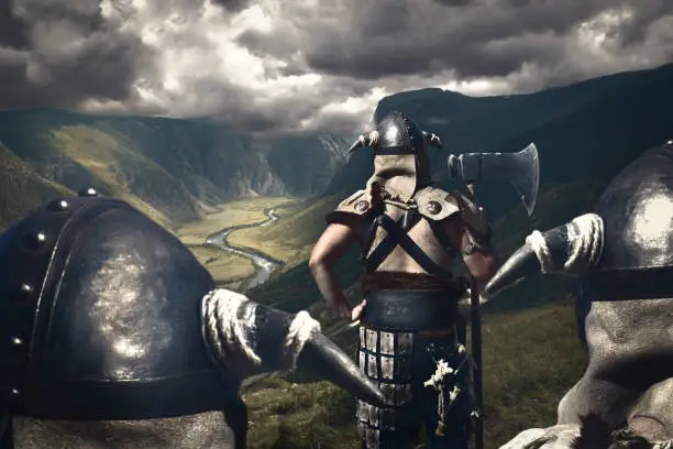 viking warrior army on alps before fighting