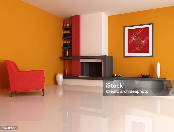 Modern Interior With Orange Walls And Fireplace Stock Photo - Download Image Now - Color Image, Comfortable, Cozy