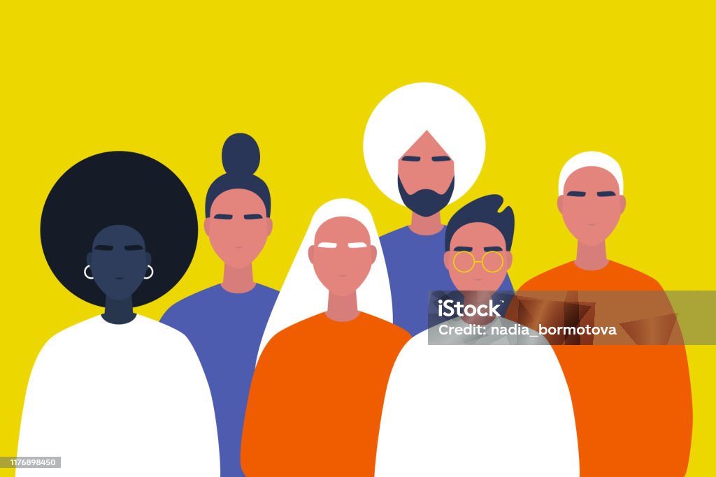 Community. Collaboration. A group of young people. Diversity. Modern millennial lifestyle. Flat editable vector illustration, clip art - Royalty-free Grupo multiétnico arte vetorial