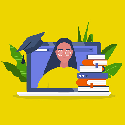 Online education. Webinar. Laptop screen, a stack of books and a graduation cap. Young female character portrait. Flat editable vector illustration, clip art