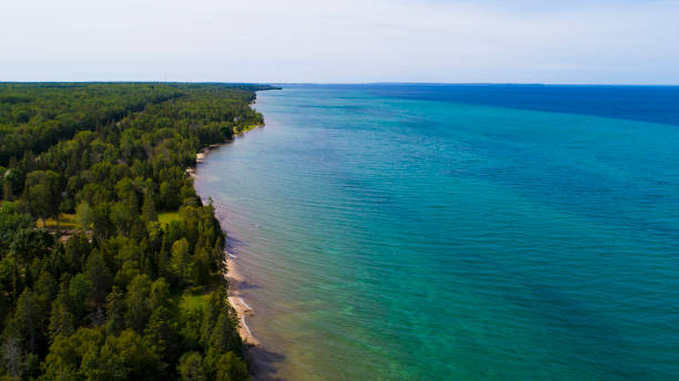 An aerial view along the coast of Lake Huron in the Straights of Mackinac stock photo