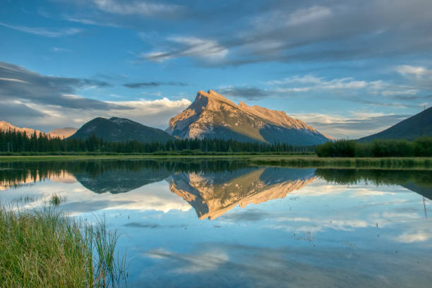Beautiful Scenery of Vermillion Lakes at Sunset in Banff National Park, Alberta, Canada stock photo