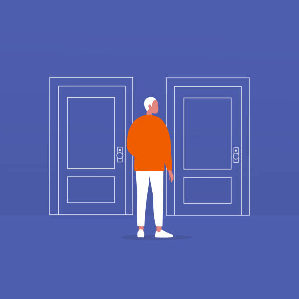 Young male character standing in front of two closed doors. Entering the building. Flat editable vector illustration, clip art Young male character standing in front of two closed doors. Entering the building. Flat editable vector illustration, clip art door illustrations stock illustrations
