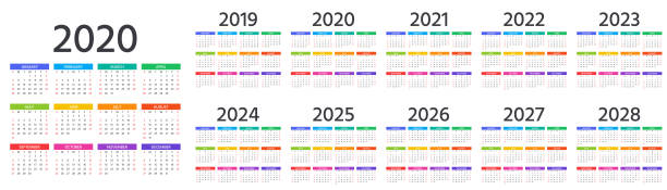 2020 Calendar. Vector illustration. Template year planner. Calendar 2020, 2019, 2021, 2022, 2023, 2024, 2025, 2026, 2027 years. Vector. Week starts Sunday. Calender layout. Stationery template. Yearly organizer in minimal design, English. 2019 stock illustrations