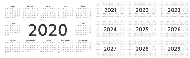 illustrazioni stock, clip art, cartoni animati e icone di tendenza di calendario spagnolo 2020. illustrazione vettoriale. pianificatore dell'anno modello. - 2020 2029
