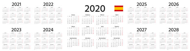 2020 Spanish Calendar. Vector illustration. Template year planner. Spanish Calendar 2020, 2021, 2022, 2023, 2024, 2025, 2026, 2027, 2028 years. Vector. Week starts Monday. Spain calender template. Yearly organizer in minimal design. Landscape orientation january in spanish stock illustrations