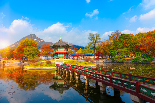Autumn in  Gyeongbokgung palace, Hyangwonjeong Pavilion, in Seoul,South Korea