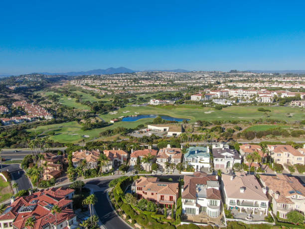 Aerial view of wealthy villa in small town Mornach Beach Aerial view of Salt Creek and Monarch beach coastline. Small neighborhood in Orange County City of Dana Point. California, USA. Aerial view of wealthy villa in small town laguna niguel stock pictures, royalty-free photos & images
