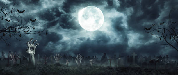 Zombie Rising and hands Out Of A Graveyard cemetery Zombie Rising and hands Out Of A Graveyard cemetery scary In Spooky dark Night full moon. Holiday event halloween concept. monster back lit halloween cemetery stock pictures, royalty-free photos & images