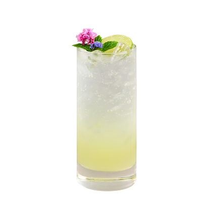 Tom Collins cocktail, Beautiful lemon cocktail, isolated on white background, with clipping path
