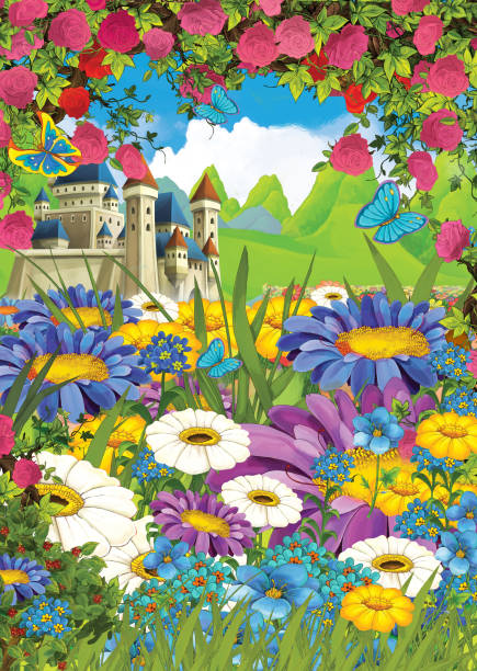 istock cartoon summer scene castle on the meadow with roses - nobody on scene 1176927770
