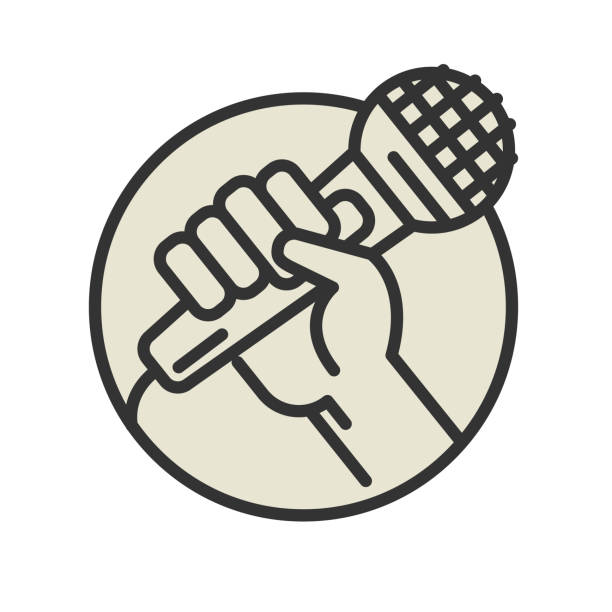 Microphone in hand icon or symbol isolated Microphone in hand icon or symbol isolated on white background, abstract vector illustration hand holding microphone icon stock illustrations