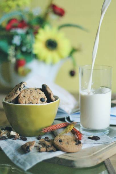 Tasty cookies or biscuits and milk, home comfort