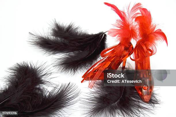 Two Red Crystal Slippers With Feathers Stock Photo - Download Image Now - Beauty, Black Color, Christmas