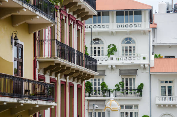Balconies of Casco Viejo as seen from E 10th St in Panama City Casco Viejo is a famous neighborhood in Panama City. It is a World Heritage Site since 1997 casco viejo photos stock pictures, royalty-free photos & images