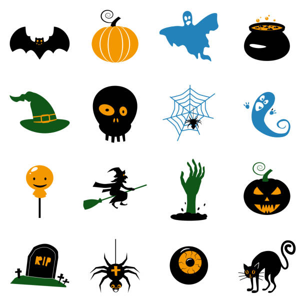 ilustrações de stock, clip art, desenhos animados e ícones de set halloween icons and illustrations colorful pumpkins bat, owl, ghost, pot, moons, hat, gravestones, scary tree, cat, eye, spider. vector isolated on white background - cross spider