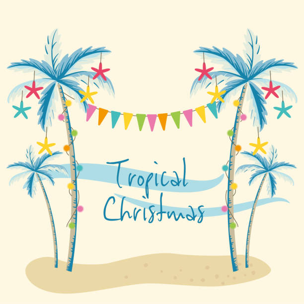 bildbanksillustrationer, clip art samt tecknat material och ikoner med vektor illustration av tropisk jul med palmer - japansk paradis ö