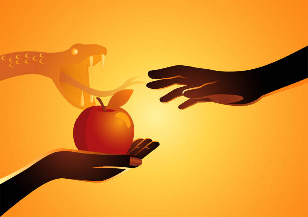 Eve offering the apple to Adam Biblical vector illustration series, Adam and Eve, Eve offering the apple to Adam just say no stock illustrations