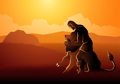 Biblical vector illustration series, Samson Fighting The Lion