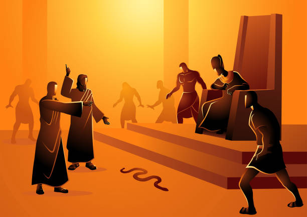 Moses Turn Staff Into Snake Biblical vector illustration series, Moses and Aaron went to Pharaoh and did what the Lord had commanded them. Aaron threw down his staff before Pharaoh and his officials, and it became a serpent pharaoh stock illustrations