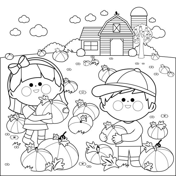 Children at the pumpkin field and farmhouse. Vector black and white coloring page Children at the farm picking pumpkins at the pumpkin patch. Vector black and white coloring page coloring book page illlustration technique illustrations stock illustrations