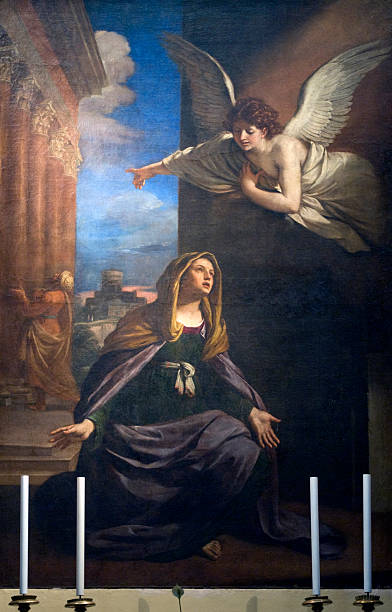 Annunciation - Painting in the San Nicola church of Tolentino Tolentino (Macerata, Marche, Italy) - The Annunciation, painting in the San Nicola church with four candles: the Archangel Gabriel and the Virgin Mary macerata italy stock pictures, royalty-free photos & images